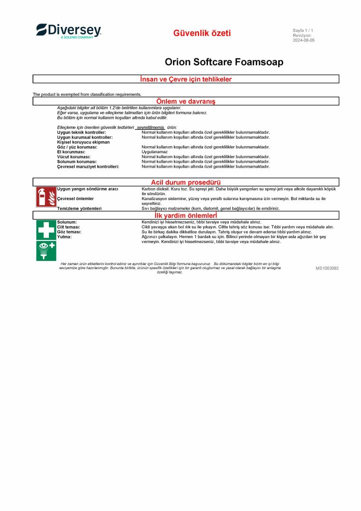 Diversey Softcare Orion Foam Soap Köpük Sabun H20 5 L
