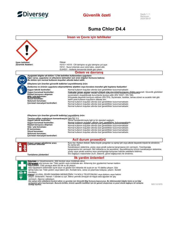 Diversey Suma Chlor D4.4 Hijyenik Meyve ve Sebze Durulama Maddesi 5 Litre