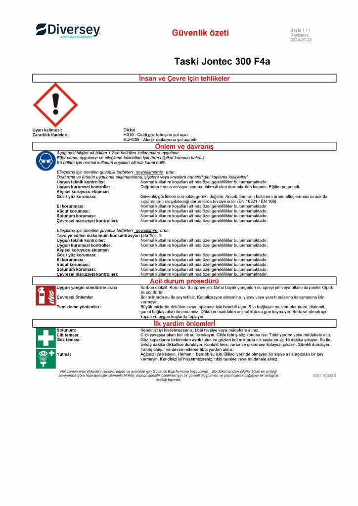 Diversey Taski Jontec 300 F4A Nötral Zemin Temizlik Deterjanı 20 L