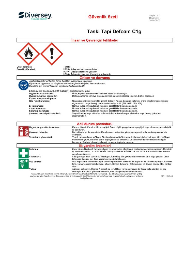 Diversey Taski Tapi Defoam C1g Köpük Kesici Ürün 1L