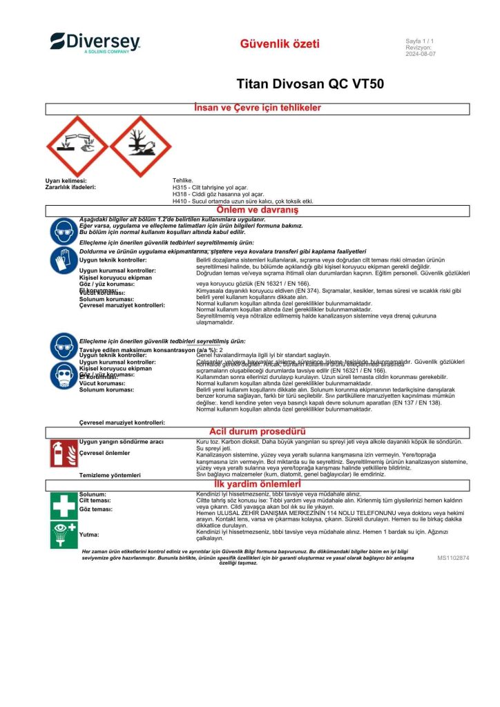 Diversey Divosan QC VT50 Açık Alan Yüzey Dezenfektanı 20L