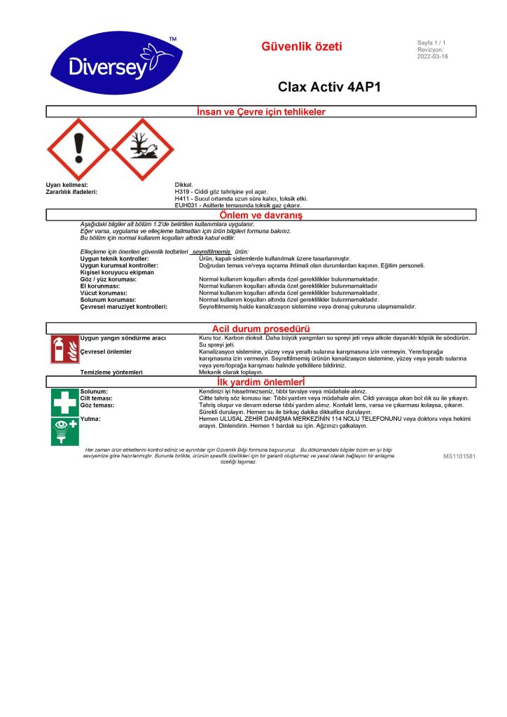 Diversey Clax Activ 4AP1 Klorlu Ağartıcı 5 Kg