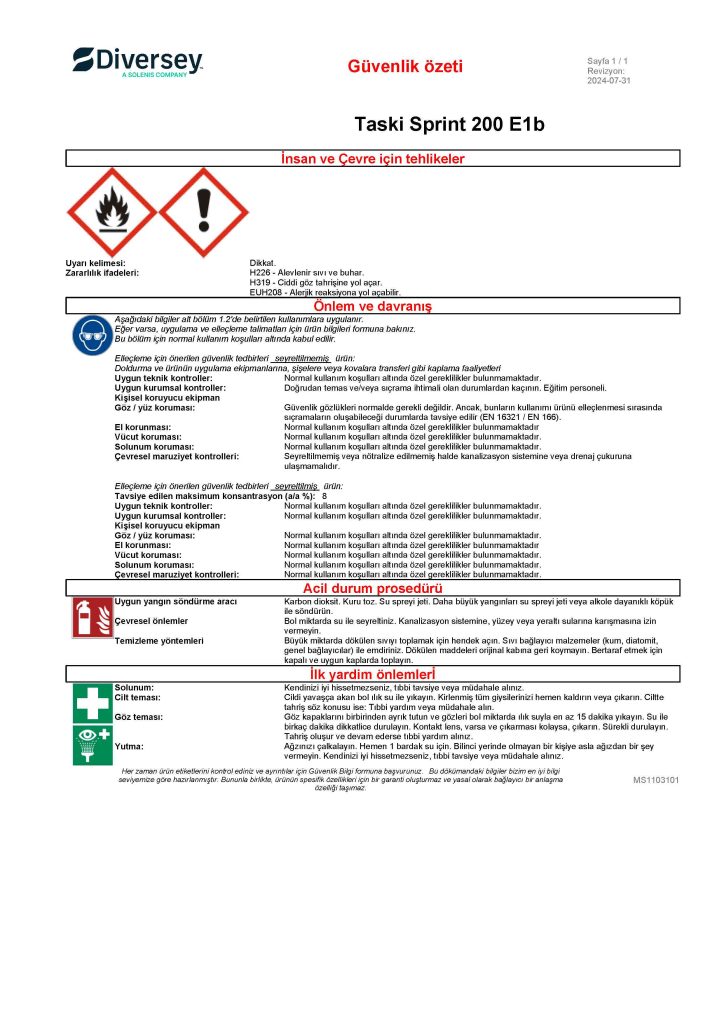 Diversey Taski Sprint 200 E1B Genel Amaçlı Yüzey Temizlik Ürünü 5 L - 4,95 Kg