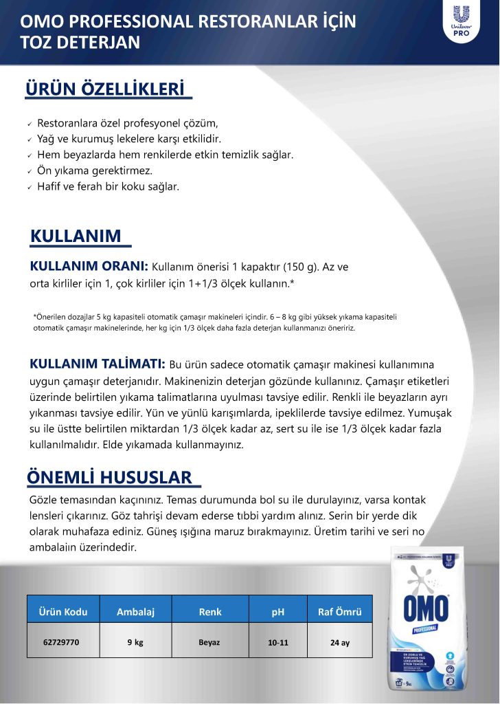 Omo Professional Toz Deterjan Restoranlara Özel 9 Kg