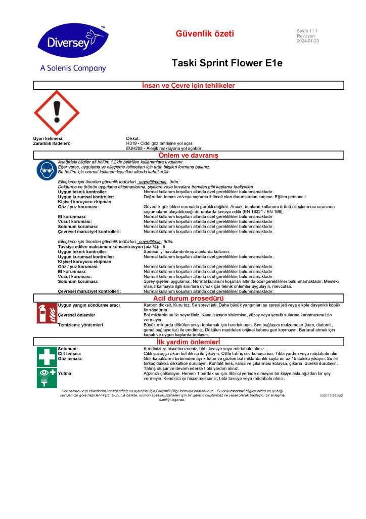 Diversey Taski Sprint Flower E1E Kalıcı Parfümlü Yüzey Temizleyici 5 L